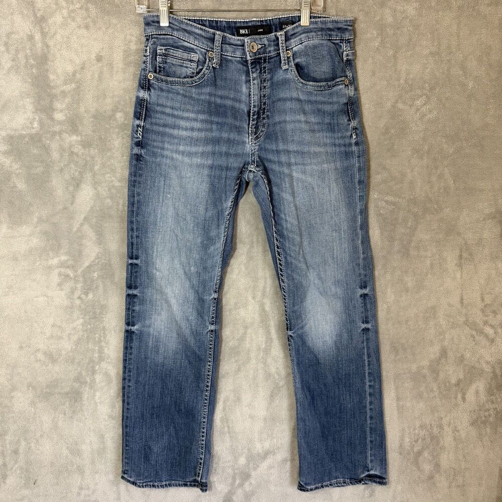 BKE Jake Men Jeans 31x32 (Inseam 29) Thick Stitch Stretch Straight Leg Whiskered